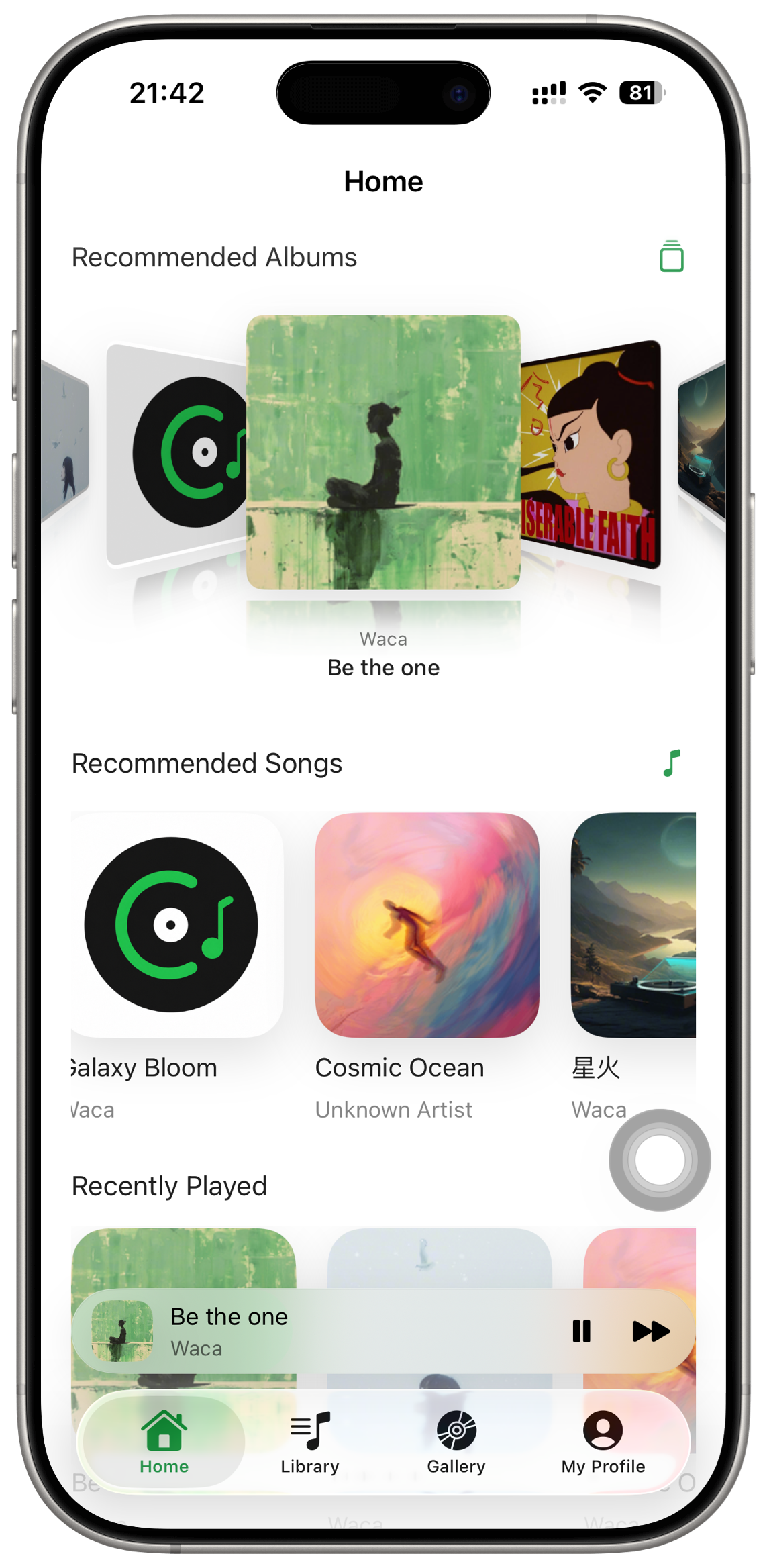 Waca music home screen